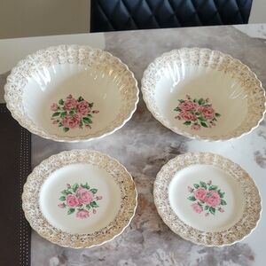 Antique Elegant Floral Dinnerware Set For 2 with Pink Roses